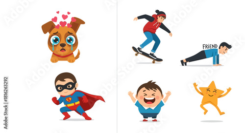 Collection of diverse cartoon characters showcasing emotions and activities expressing friendship
