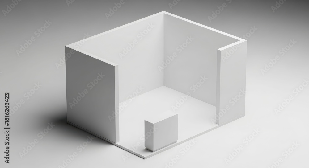 Fototapeta premium A minimalist white 3D architectural model of an open room with a small block on the floor, rendered with soft shadows.