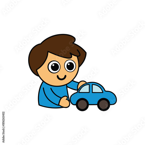 Boy playing with a blue toy car