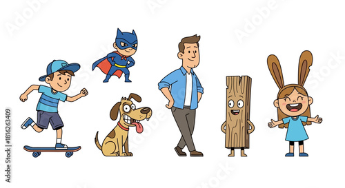 Whimsical illustration featuring diverse characters engaging in playful activities with a family