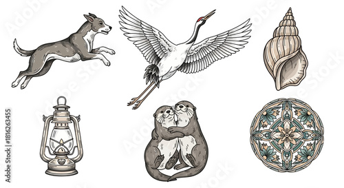 Whimsical collection of wildlife and objects in hand drawn style offering visual diversity