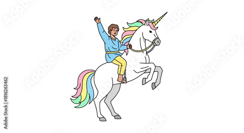 A cheerful adventurer riding a rainbow-maned unicorn, conveying themes of fantasy and wonder