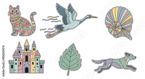 Illustrations of whimsical animals, a storybook castle and organic forms creating a children's