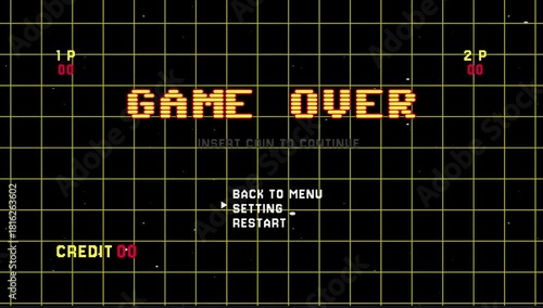 Game over pixel text animation. Retro game pixel 8 bit. Video game grid background 4K resolution