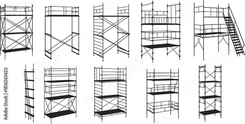 Construction scaffolding structure vector silhouette set, temporary metal framework for building maintenance, repair, and high-rise access equipment graphics.