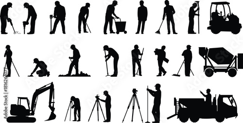 Construction worker, surveyor, and heavy equipment silhouette set, featuring excavator, cement mixer, and various manual labor job action vectors.