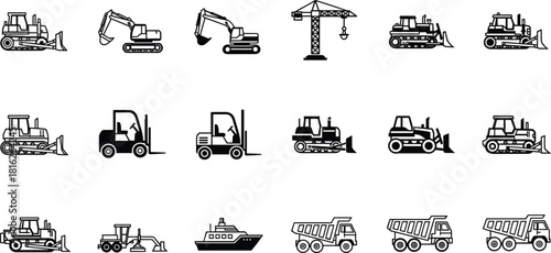 Detailed construction and heavy machinery outline icon set, featuring bulldozer, crane, excavator, dump truck, and forklift vector line art.
