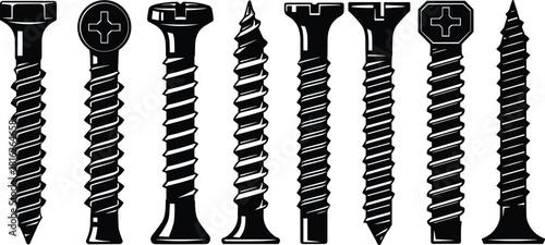 Detailed set of construction and woodworking screw types, black silhouette vector illustration featuring different head and thread styles for hardware and repair.
