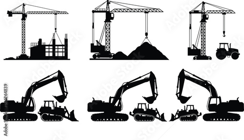 Dynamic construction site silhouette set, featuring tower crane, excavator, bulldozer, and tractor heavy machinery vector graphics for building and earthwork operations.
