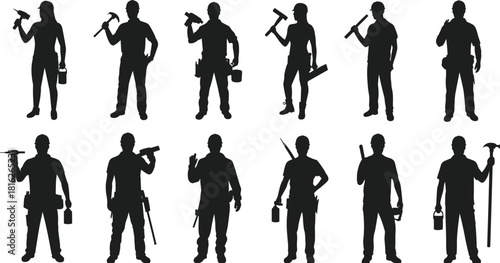Handyman, builder, and skilled tradesperson silhouette set, featuring male and female workers with hammer, drill, paint can, and tool belt vector graphics.