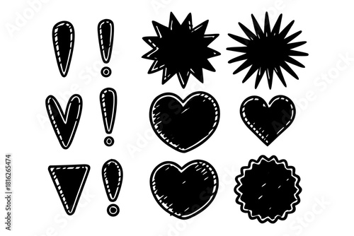 A collection of handdrawn doodle style black shapes including hearts, starbursts, and exclamation marks, perfect for adding a playful and expressive touch to designs, isolated on