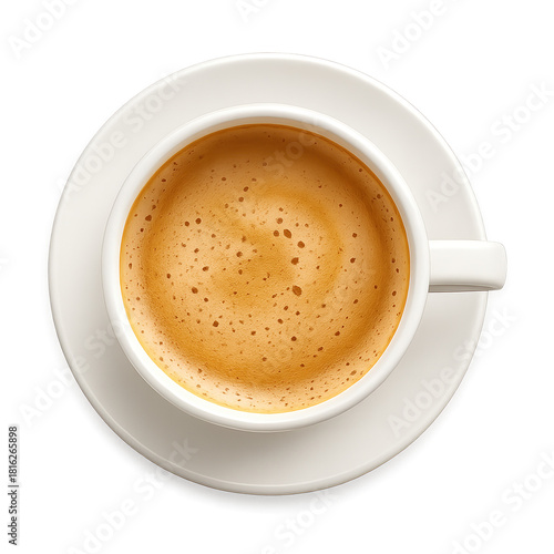 Aerial shot of a cup of coffee with a layer of foam sitting on a saucer.