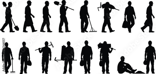 Manual labor worker silhouette set, featuring men walking, carrying tools, rakes, and shovels, with construction and landscaping job action vector graphics.