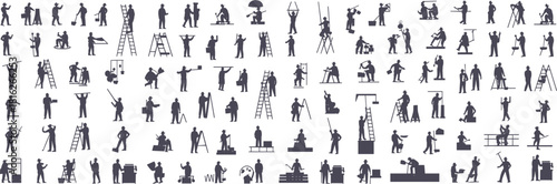 Massive construction, surveyor, painter, and handyman worker silhouette collection, featuring men in various job action poses, tools, and ladders vector set.