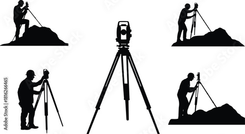 Professional land surveyor and total station equipment silhouette set, civil engineer working on topography, measurement, and construction site vector graphic.