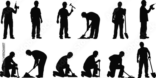 Silhouettes of construction workers using tools, performing various labor tasks, digging, hammering, drilling, and shoveling in detailed building industry illustration