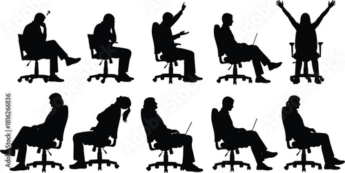 Silhouettes of office workers sitting on chairs showing various body postures, emotions, gestures, and work activities in expressive business poses illustration