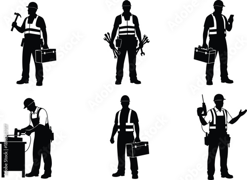 Skilled construction worker and tradesman silhouette set, featuring men with hammer, toolbox, radio, safety vest, and tools vector graphics for repair and labor.