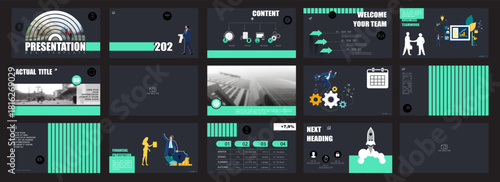 Presentation, powerpoint, launch of a new business project. Infographic design template, green elements, black background, set. Team of people creating a business. Mobile app. Vector illustration