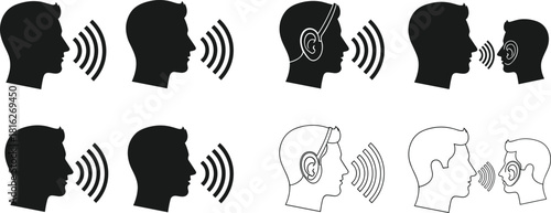 communication icons vector, speaking and listening symbols, sound wave illustration, hearing aid icon, headphone user graphic, cad drawing flat vector illustration