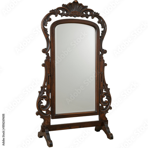 Antique ornate wooden cheval mirror isolated on transparent background