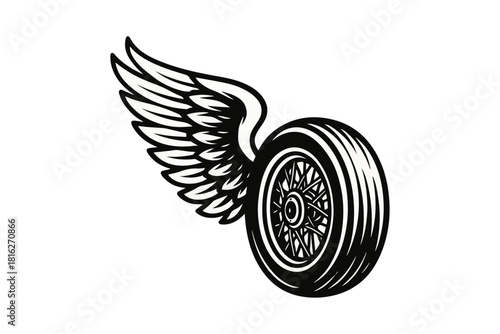 Winged Wheel Icon Classic Motorcycle Tire with Wings for Speed and Freedom - Black and White Design