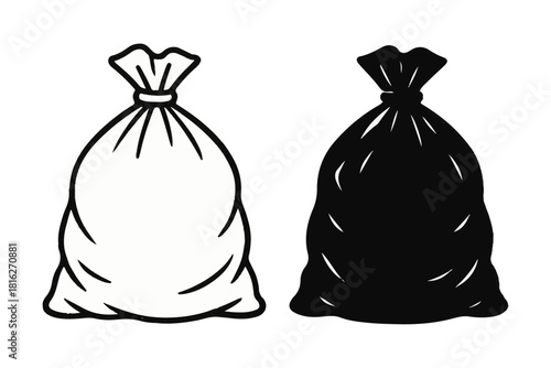 Set of two garbage bag icons, featuring a line art outline and a solid black silhouette style vector illustration isolated on a white background