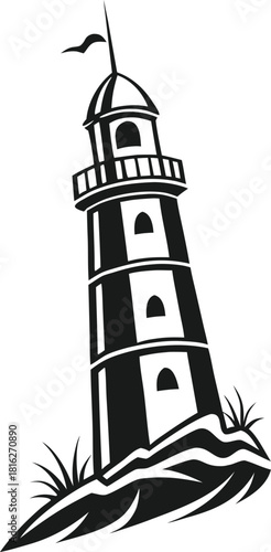 Unique retro lighthouse illustration on rocky coast perfect for vintage travel designs and nautical themed branding projects, a captivating graphic element