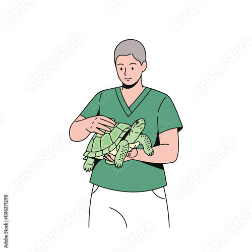 Veterinarian Holding Green Turtle, Cartoon Illustration