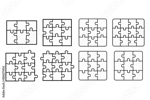 Various jigsaw puzzle arrangements and configurations, illustrating different levels of completion and complexity