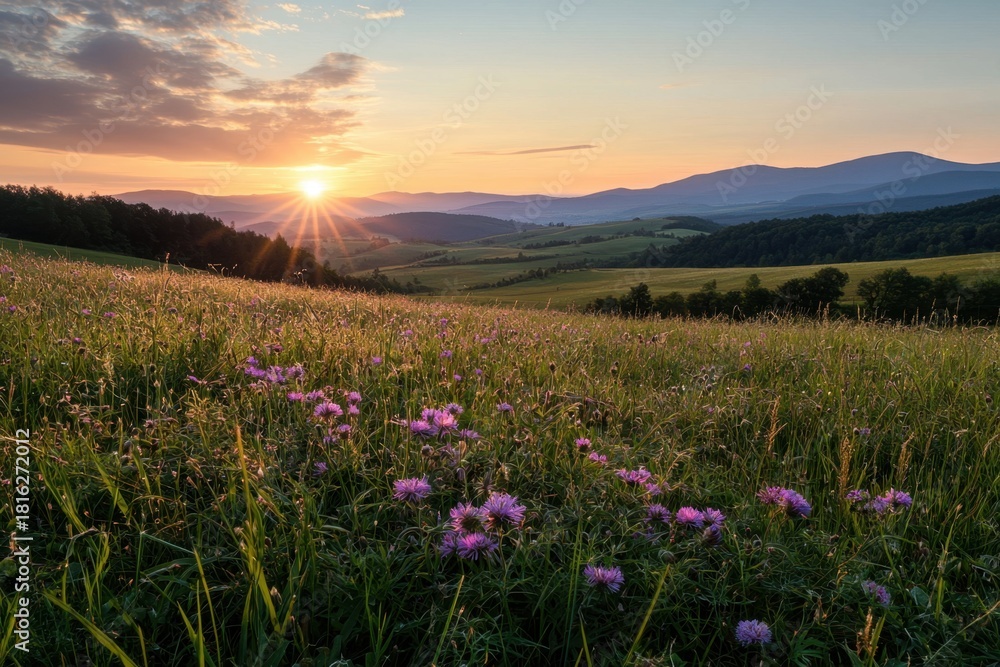 Fototapeta premium Sunset over rolling hills with wildflowers in foreground, casting warm light on peaceful rural landscape with distant mountains and partly cloudy sky