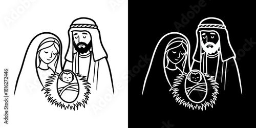 Nativity scene with Mary and Joseph holding baby Jesus illustration, isolated vector image, two versions on transparent and black backgrounds, pencil drawing, chalk drawing
 