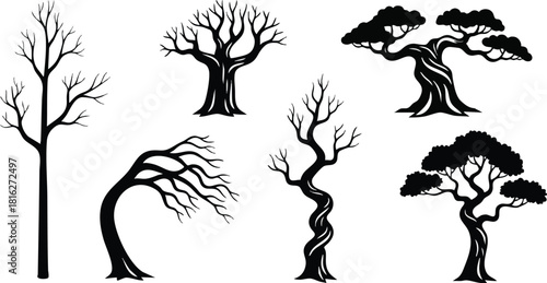 Black silhouette trees various shapes and sizes detailed natural shapes vector illustration