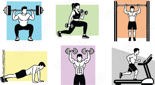 Fitness workout exercise set with weightlifting running and pushups vector illustration