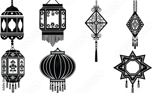 Black and white decorative oriental lanterns vector illustration set with various traditional shapes and tassels