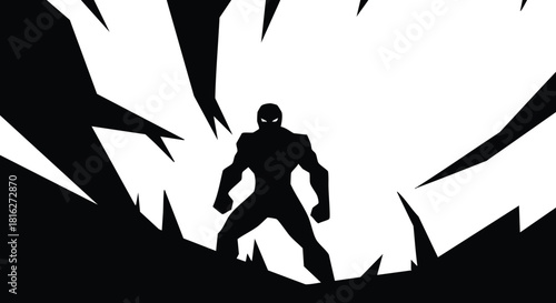 Silhouette superhero standing in dramatic shadows with sharp jagged shapes vector illustration