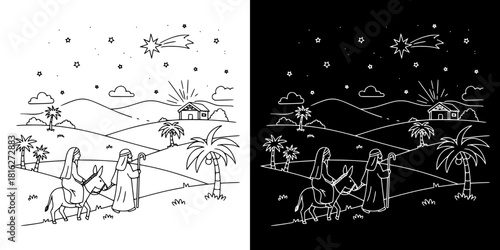 Journey to the manger with nativity scene under starry sky, holy family, Catholic Christmas, isolated vector image, two versions on transparent and black backgrounds, pencil drawing, chalk drawing
  