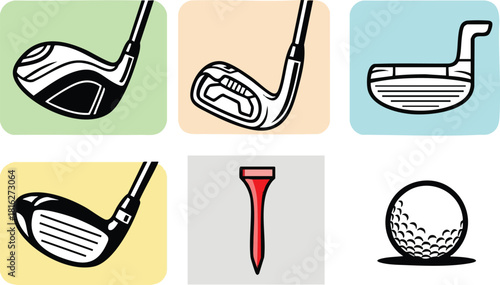 Golf clubs golf ball and tee vector icons simple colorful design