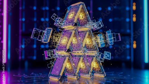 Futuristic house of cards made of transparent glass microchips with glowing gold circuits in a neon-lit server room, symbolizing fragile digital infrastructure and blockchain complexity.