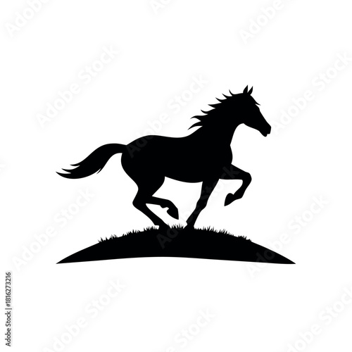 Horse Running on Horizon in Dynamic Galloping Movement Over Peaceful Landscape Vector illustration