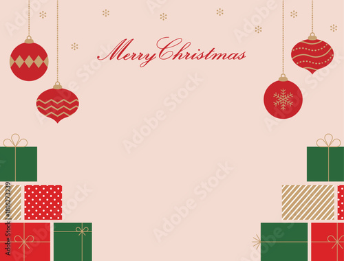 Elegant Christmas vector background with hanging red ornaments, gift boxes, and space for text. Perfect for greeting cards and invitations.