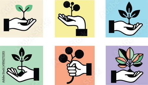 Hand holding plant and berry icons set with colorful backgrounds nature growth ecology concept vector illustration