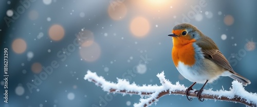 A robin bird perched on a snowy branch in winter. Festive christmas background with falling snow and golden bokeh lights. Wide panoramic banner with copy space