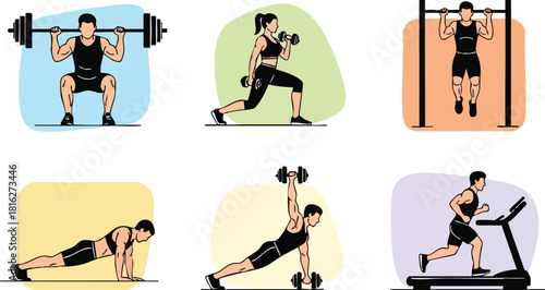 Fitness workout vector illustration with weightlifting running and pushups exercises for healthy lifestyle