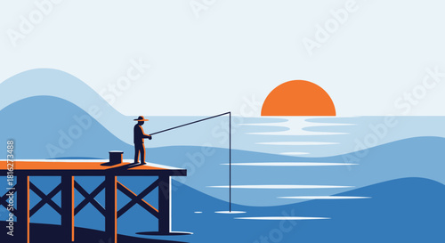 Serene fishing scene at sunset captures a tranquil moment on the water