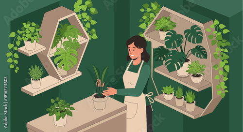 Smiling woman tending to potted plants in a cozy indoor botanical space with stylish shelving