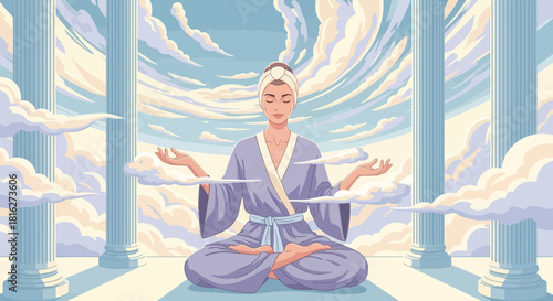 Serene meditation scene in ethereal clouds and classical architecture providing tranquility and