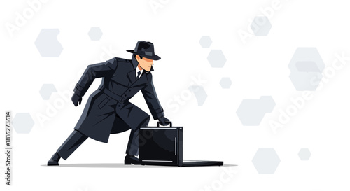 Spy thriller concept, secret agent in trench coat with briefcase isolated on white