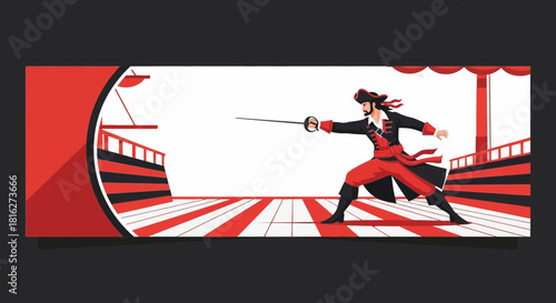 Stylized illustration of a swashbuckling pirate wielding a rapier on ship deck