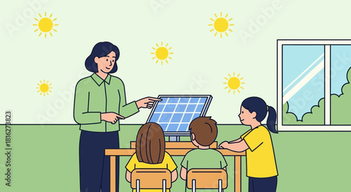 Teacher explaining about solar panels to students, concept of clean energy and renewable resources